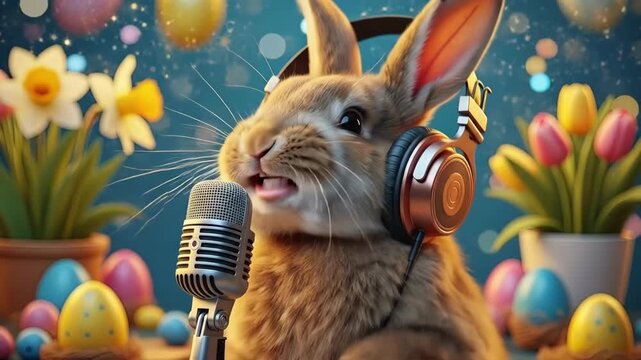 Cute bunny rabbit singing into microphone with headphones. Easter performer entertaining with music. Festive spring holiday celebration featuring eggs flowers and balloons
