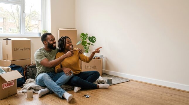 A young Black couple sits amidst cardboard boxes in a living room. They are unpacking and seem excited about their new home.