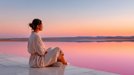 Fototapeta premium Woman seated in meditation pose by a calm lake at dusk with pink reflection for mindfulness background and relaxation poster design