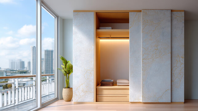 Panoramic modern built in wardrobe with sliding marble doors and balcony view for interior design mockup and residential staging background