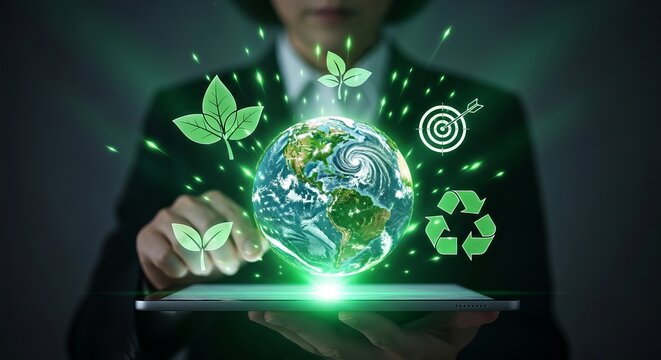 Businessman holding tablet with glowing earth globe and green eco icons for sustainable environment