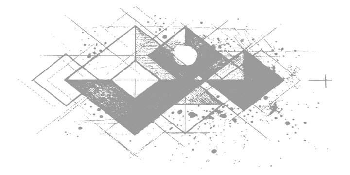 Abstract geometric mountain logo with line art sketches and ink splatter texture