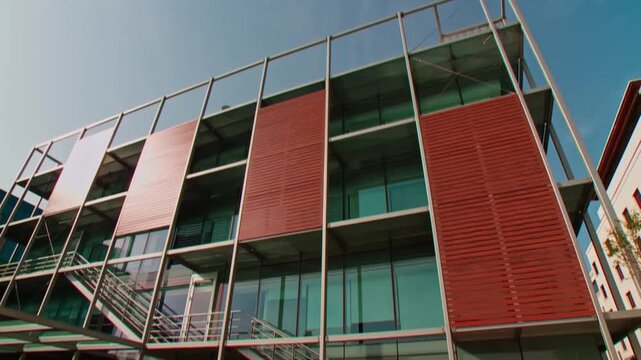 Wide Shot of Modern Office Building Facade with Steel Glass and Wood