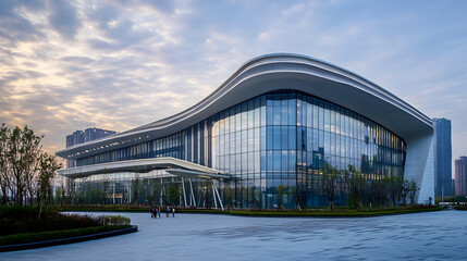Fototapeta premium Modern glass office building with curved roofline and reflective facade near serene body of water under cloudy