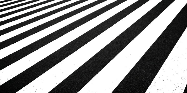 An abstract urban pattern of black and white stripes creates a zebra crossing texture on the gray asphalt pavement of a city street lane