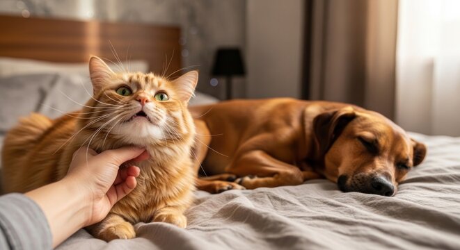 A person is petting a cat on a bed, while a dog is sleeping nearby. The room has a wooden floor and a window letting in natural light.