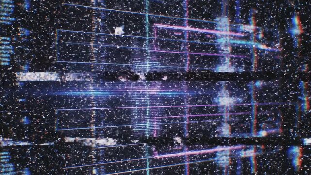 Dynamic abstract digital background featuring glowing lines, data streams, and glitch effects, perfect for tech projects.