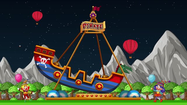 Animated Pirate Ship Swing Ride at Night with Fireworks and Hot Air Balloons