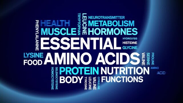 Essential Amino Acids animated word cloud-text design animation tag kinetic typography seamless loop.