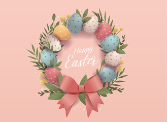 Easter wreath pastel eggs floral leaves pink ribbon decorative spring holiday celebration on soft background banner template