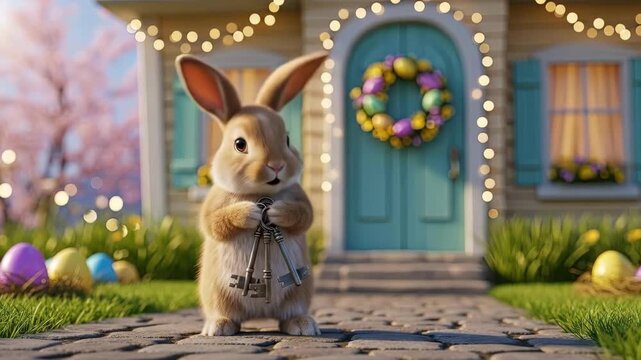 Adorable bunny rabbit holding keys in front of easter decorated house. Springtime holiday scene with colorful eggs wreath and cherry blossoms. Festive celebration illustration for greeting card