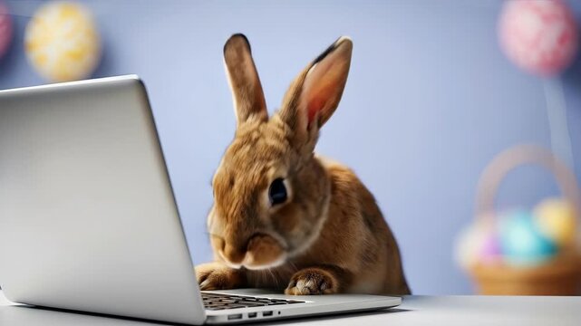 Bunny rabbit typing on laptop computer with easter eggs and balloons. Adorable animal in digital workspace for spring holiday fun and modern technology concept