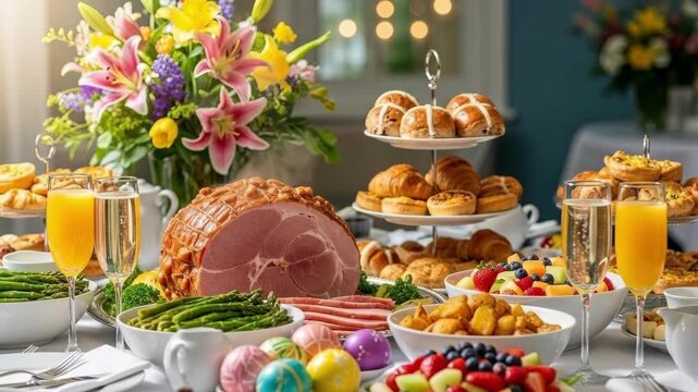 Easter brunch table setting with glazed ham centerpiece, tiered pastries, fresh fruits, green beans, colored eggs, nuts, berries, and vibrant flowers in vases. Festive spring holiday meal for family