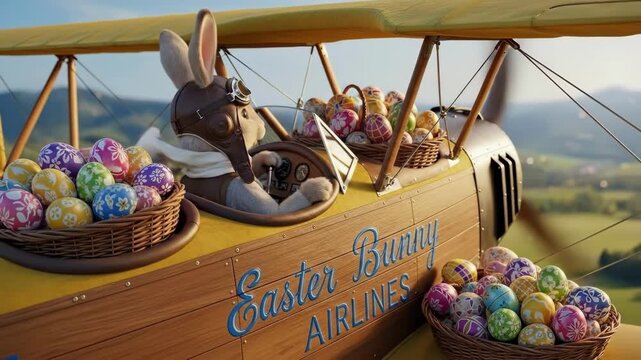 Easter Bunny as pilot in yellow biplane with colorful eggs in baskets. Festive aviation adventure for spring holiday celebration and childrens easter fun