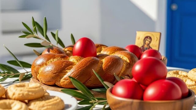 Traditional orthodox easter table with braided bread tsoureki red dyed eggs and olive branches. Festive greek celebration arrangement including koulourakia cookies and religious icon for holiday