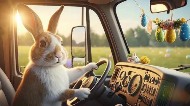 Easter bunny driving truck through spring field. Cute rabbit at wheel with colorful eggs and flowers hanging. Holiday delivery adventure and festive journey concept