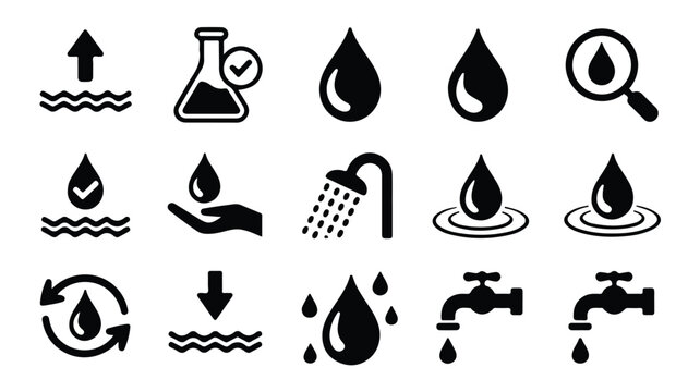 black and white icons of water droplets and related concepts on white background