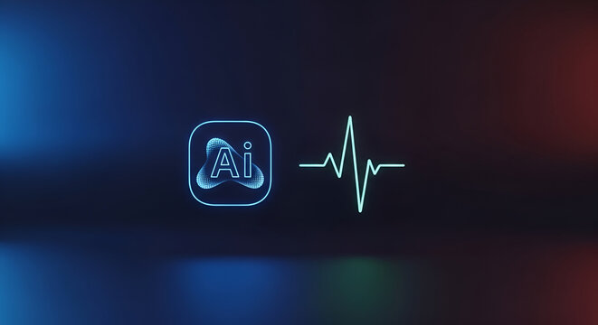 Neon blue AI logo with stylized waveform pulse line on dark gradient background with colorful bokeh lights, futuristic tech concept