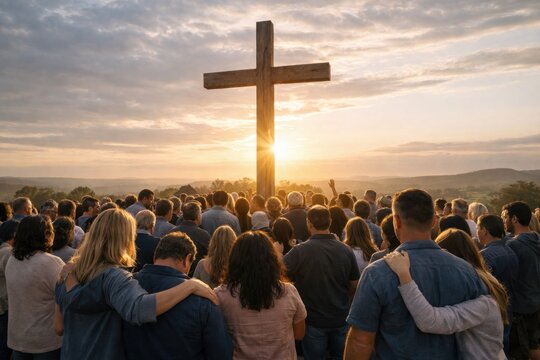People gathered near cross at sunset praying together faith hope community spiritual unity scene
