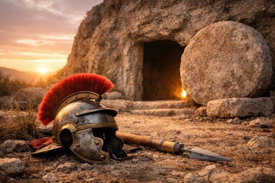 Roman helmet and spear before empty tomb at sunrise symbol of resurrection and victory