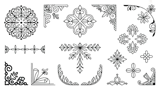 Collection of intricate floral and leafy ornamental designs and borders
