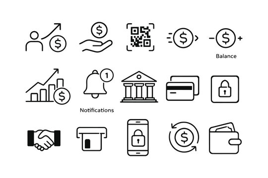 Illustrations depicting various financial and banking activities and concepts