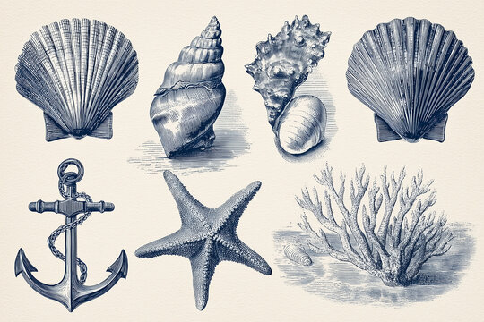 Vintage Scientific Seashell and Ocean Illustration Set Engraving Style Blue Monochrome Isolated 