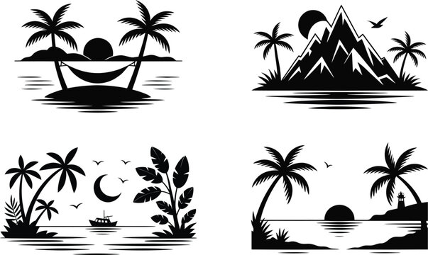 Tropical island scenes with palm trees, mountains, and hammocks. Black and white minimalist vector art featuring ocean views, boats, and moonlit nights, Palm Tree