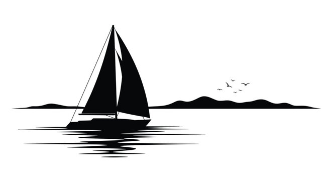 A peaceful scene of a sailing boat on calm waters silhouette