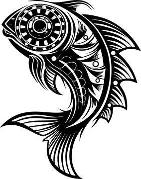 SVG dark mechanical gothic codex tattoo design vector. Stylish Black and White Fish Design with Circular Pattern Elements