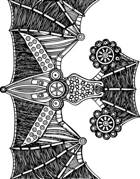SVG dark mechanical gothic codex tattoo design vector. Intricate Black and White Illustration of a Bat with Details