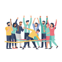 Obraz premium Diverse team crossing finish line, celebrating victory, teamwork, success, achieving goals