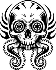 Obraz premium SVG dark mechanical gothic codex tattoo design vector. Intricate Skull Illustration with Gears and Tentacles in Black and White