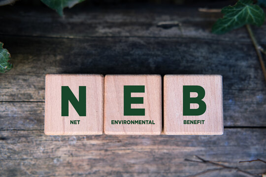 NEB Net Environmental Benefit acronym on wooden blocks