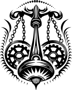 SVG dark mechanical gothic codex tattoo design vector. Vintage Mechanical Scales with Gears and Chains in Black and White