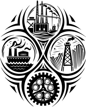 SVG dark mechanical gothic codex tattoo design vector. Black and White Industrial Icons with Factories and Equipment