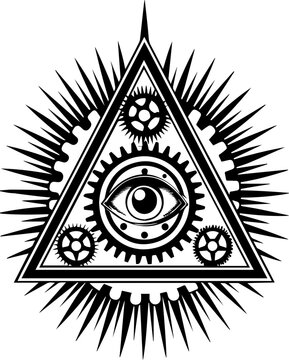 SVG dark mechanical gothic codex tattoo design vector. Intricate Geometric Eye Design with Gears and Radiating Spikes