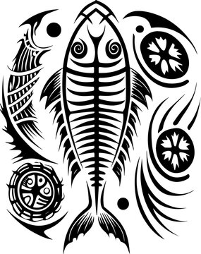 SVG dark mechanical gothic codex tattoo design vector. Abstract Black Fish Skeleton Design with Various Oceanic Elements
