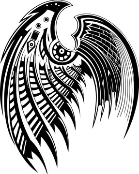 SVG dark mechanical gothic codex tattoo design vector. Intricate Black and White Wing Illustration with Detailed Patterns