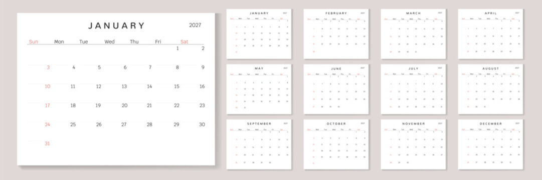 Calendar 2027 Monthly template on white background. Minimalist design layout calendar week starts on Sunday. Use for New year, business, print.