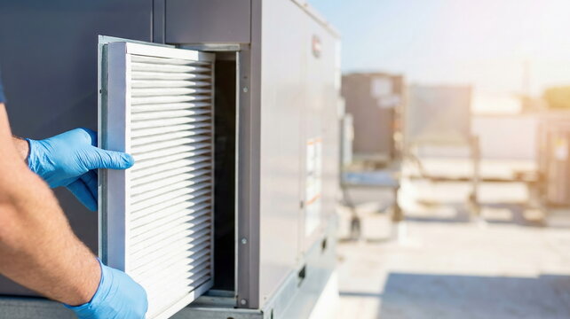 Technician in blue gloves performing routine HVAC maintenance, replacing an air filter on a commercial rooftop unit. Emphasizes clean air, efficiency, and professional service.