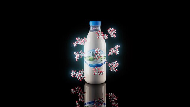 Conceptual 3D animation of a milk bottle producing lactose molecules
