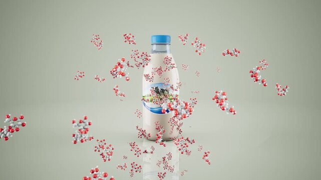 Conceptual 3D animation of a milk bottle producing lactose molecules
