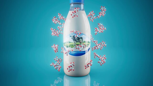 Conceptual 3D animation of a milk bottle producing lactose molecules