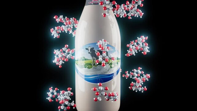 Conceptual 3D animation of a milk bottle producing lactose molecules