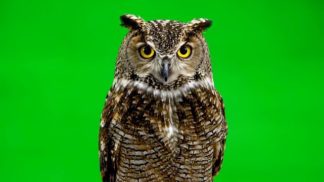 A majestic owl with glowing eyes hooting and looking around, isolated on green screen vision, animal, secretive