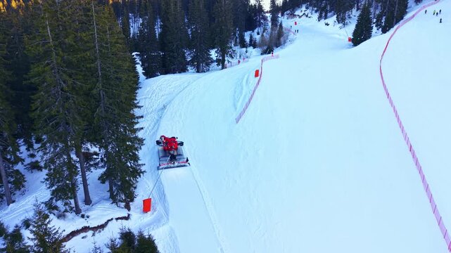 Workers operate a snowcat vehicle to groom the snow on ski slopes during the afternoon. Pine trees surround the area, and orange markers guide the path.