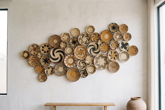 African woven basket wall art gallery in afrohemian home decor style featuring handmade Tonga and Bingwa plate on minimalist plaster background for ethnic interior design inspiration