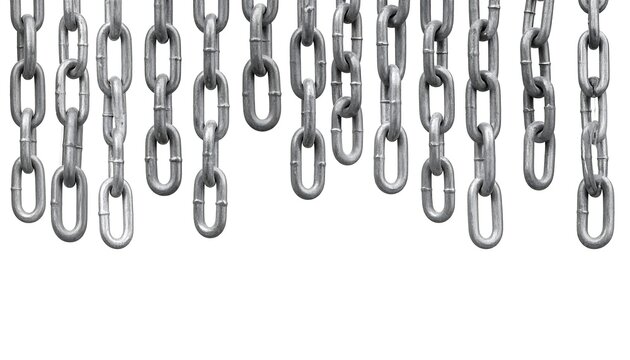 Close-up of hanging metal chains on a white background.