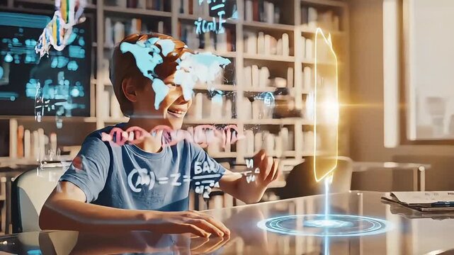 Child Learning With AI Tutor Holographic Interface &mdash; Future Education Technology Concept, 4K